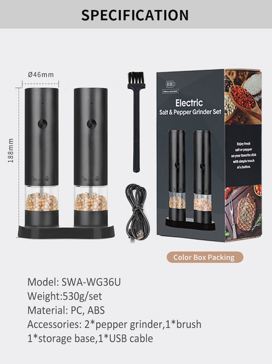 Electric Salt and Pepper Grinder Set Automatic One Touch Pepper Grinder Easy Use Pepper Mill