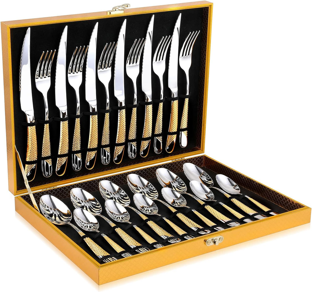 Perfect Holiday Gift 24-Piece Gold Forged Stainless Steel Flatware Set, Service of 6