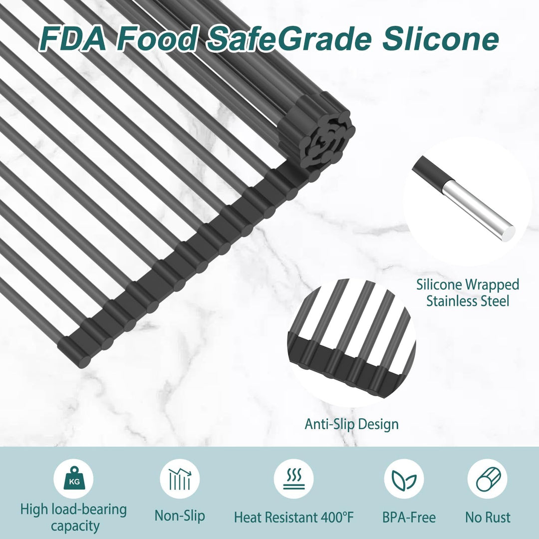 Roll Up Dish Drying Rack, Silicone Wrapped Over The Sink Multipurpose Foldable Dish Drainer Anti-Slip Coated Stainless Steel Dish Racks for Kitchen Counter, Sink Drying Rack