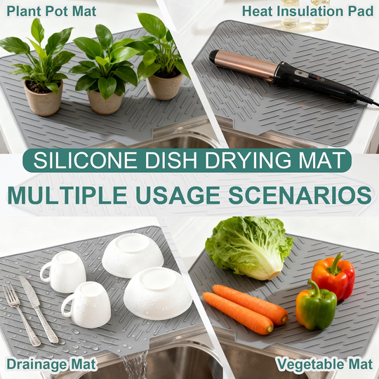 Silicone Dish Drying Mat with Built-In Drain Spout – Heat-Resistant Non-Slip Roll-Up Sink Drain Pad for Kitchen Counter (MOQ 10 Sets)