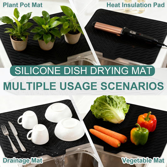 Silicone Dish Drying Mat with Built-In Drain Spout – Heat-Resistant Non-Slip Roll-Up Sink Drain Pad for Kitchen Counter (MOQ 10 Sets)
