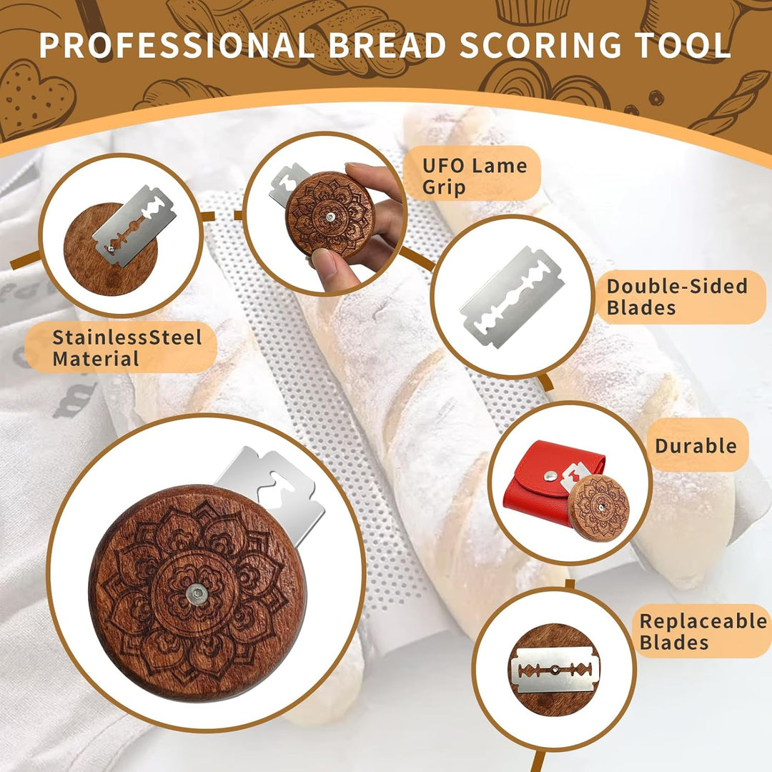 Wooden Lame Bread Scoring Tool with 5 Razor Blades and Leather Storage Cover