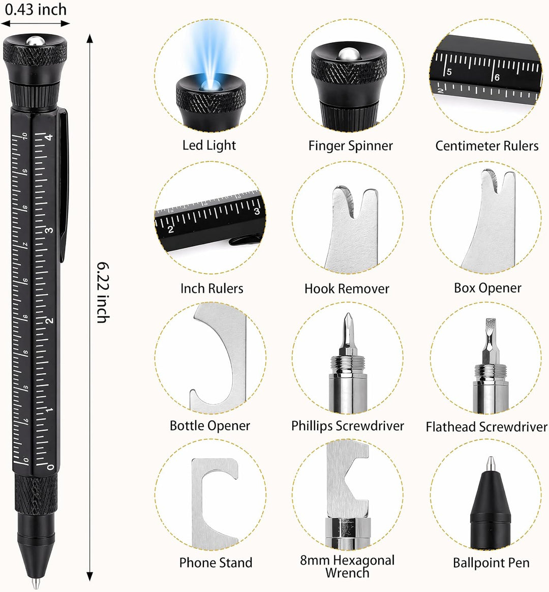 Multi-Function Aluminum Pen 11-in-1 Tool Set – LED Flashlight