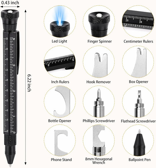 Multi-Function Aluminum Pen 11-in-1 Tool Set – LED Flashlight