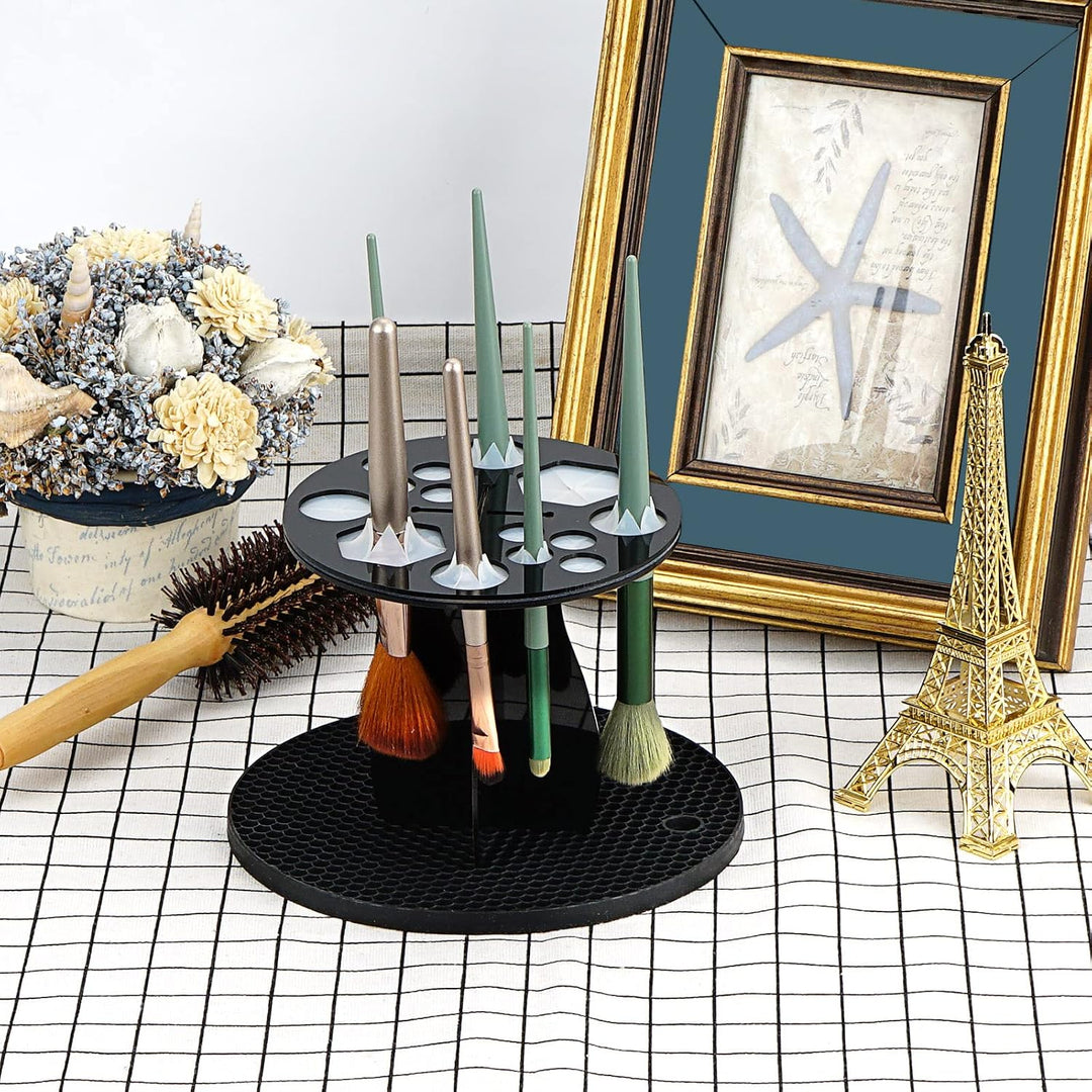 Makeup Brush Drying Rack with Mat – Detachable Acrylic Air Tree Tower Holder & Organizer Stand, Cosmetic Brush Storage Tray for Vanity