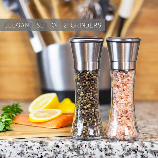 Stainless Steel Sea Salt and Pepper Grinder Set of 2 - Adjustable Ceramic - Tall Glass Salt and Pepper Shakers (MOQ 10 Sets)