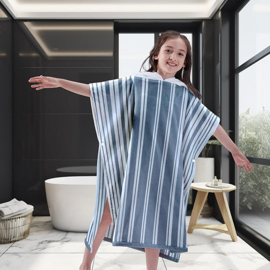 Pure Cotton Super Soft and Quick Dry Striped Poncho Robe Kids Beach Towels