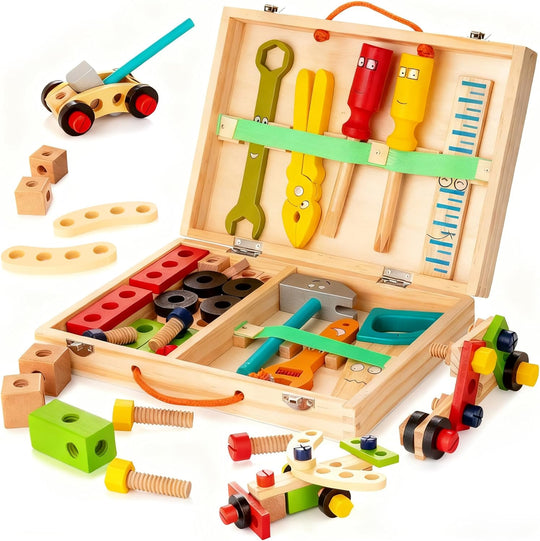 Wooden Toddler Tools Set Includes Tool Box, Montessori Educational Stem Construction Toys for 2 3 4 5 6 Year Old