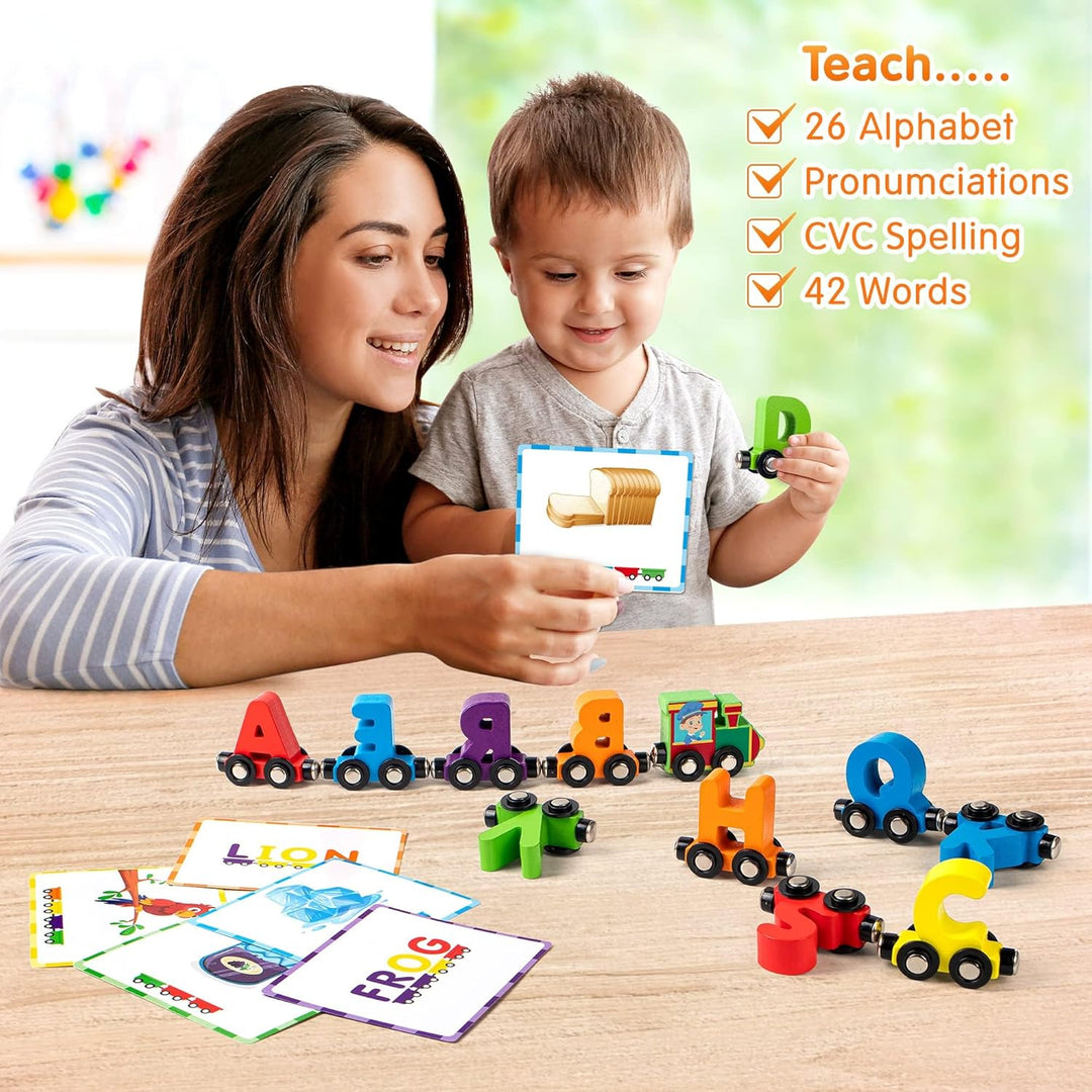 Magnetic Wooden Alphabet Train Sets | ABC Letter Learning Toy Trains with 42 PCS Flash Cards