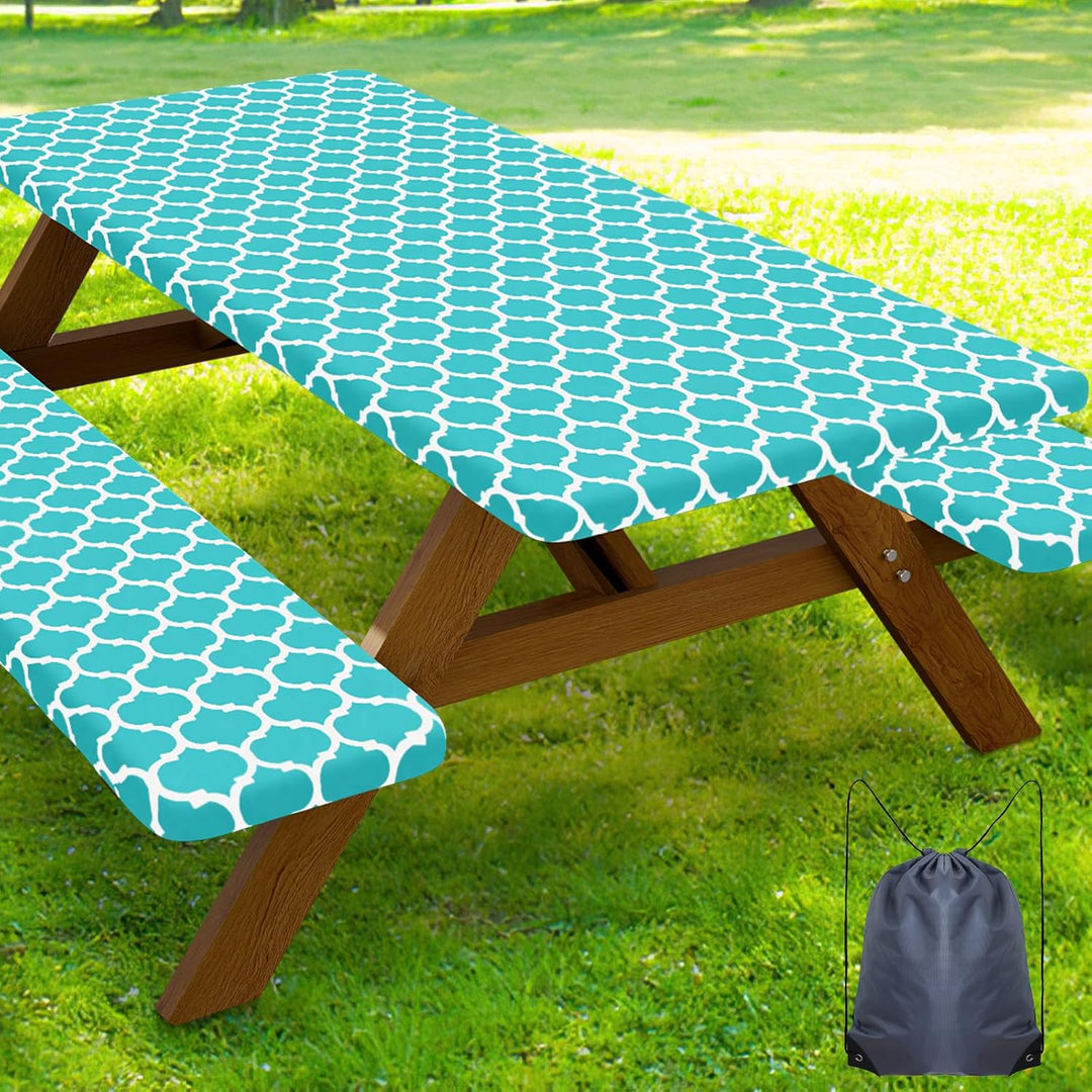 Picnic Table Cover with Bench Covers, Waterproof Elastic Fitted Tablecloth for 6 Foot Tables (MOQ 10 Sets)