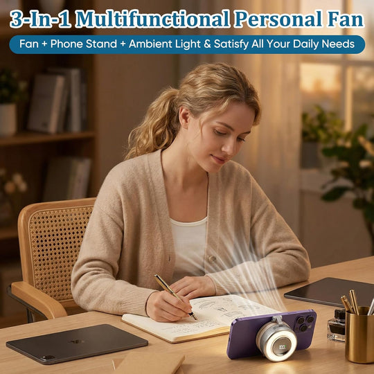Portable Rechargeable Neck Fan with Magnetic Phone Holder & Digital Battery Display
