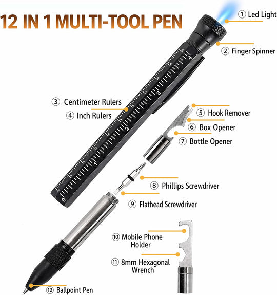 Multi-Function Aluminum Pen 11-in-1 Tool Set – LED Flashlight