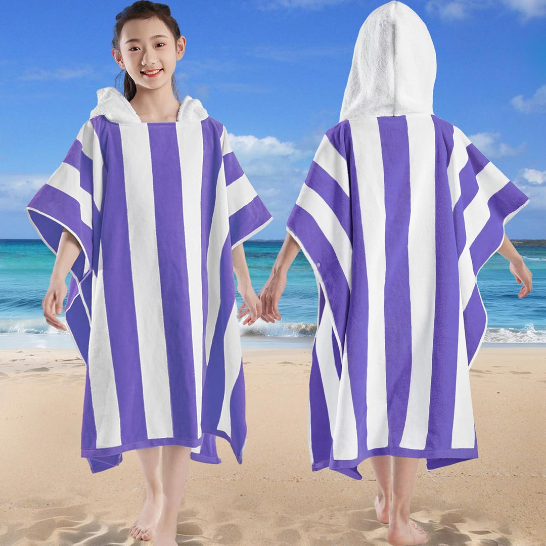Pure Cotton Super Soft and Quick Dry Striped Poncho Robe Kids Beach Towels
