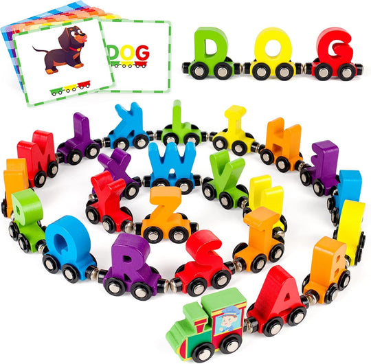 Magnetic Wooden Alphabet Train Sets | ABC Letter Learning Toy Trains with 42 PCS Flash Cards