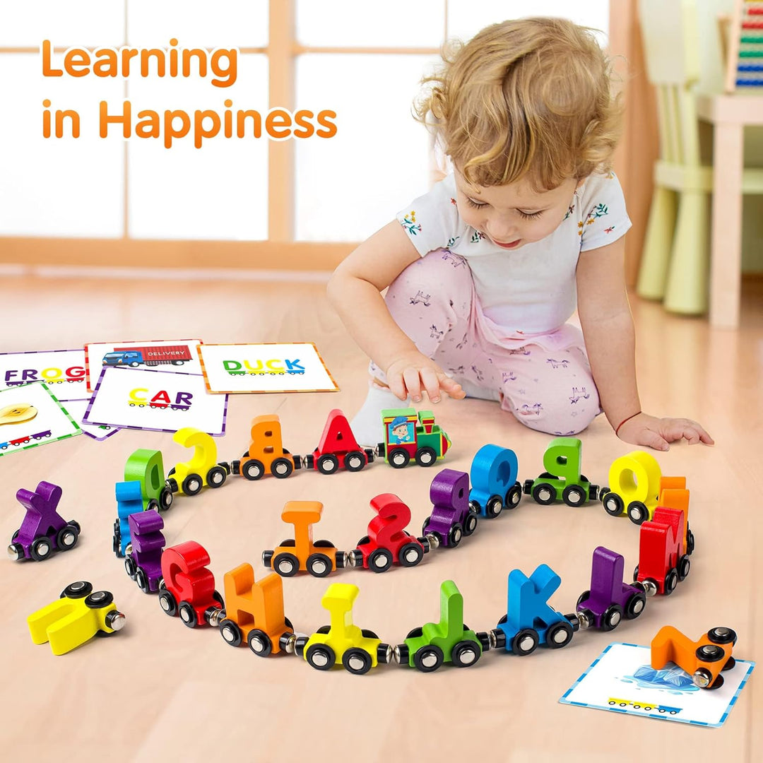 Magnetic Wooden Alphabet Train Sets | ABC Letter Learning Toy Trains with 42 PCS Flash Cards
