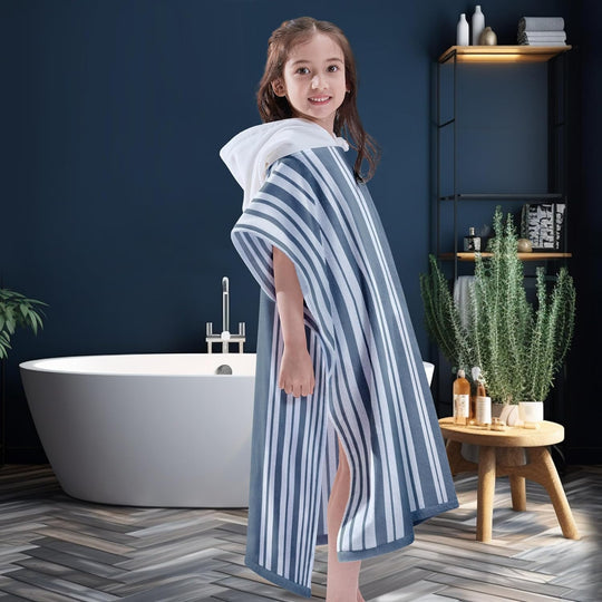 Pure Cotton Super Soft and Quick Dry Striped Poncho Robe Kids Beach Towels