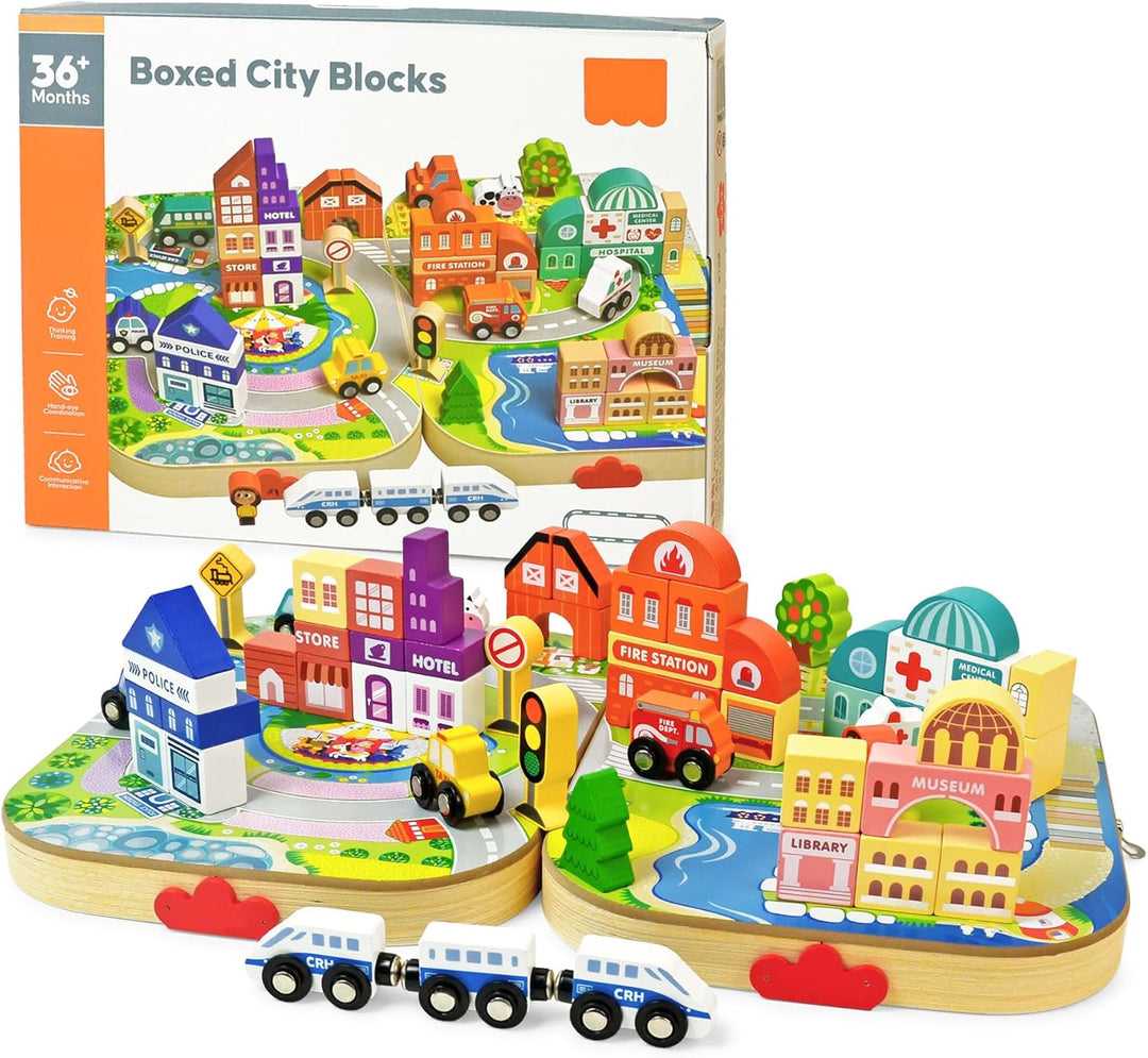 Toys Building Blocks Set for Boys and Girls Gift, 56 Pcs Wooden City (MOQ 10 Sets)