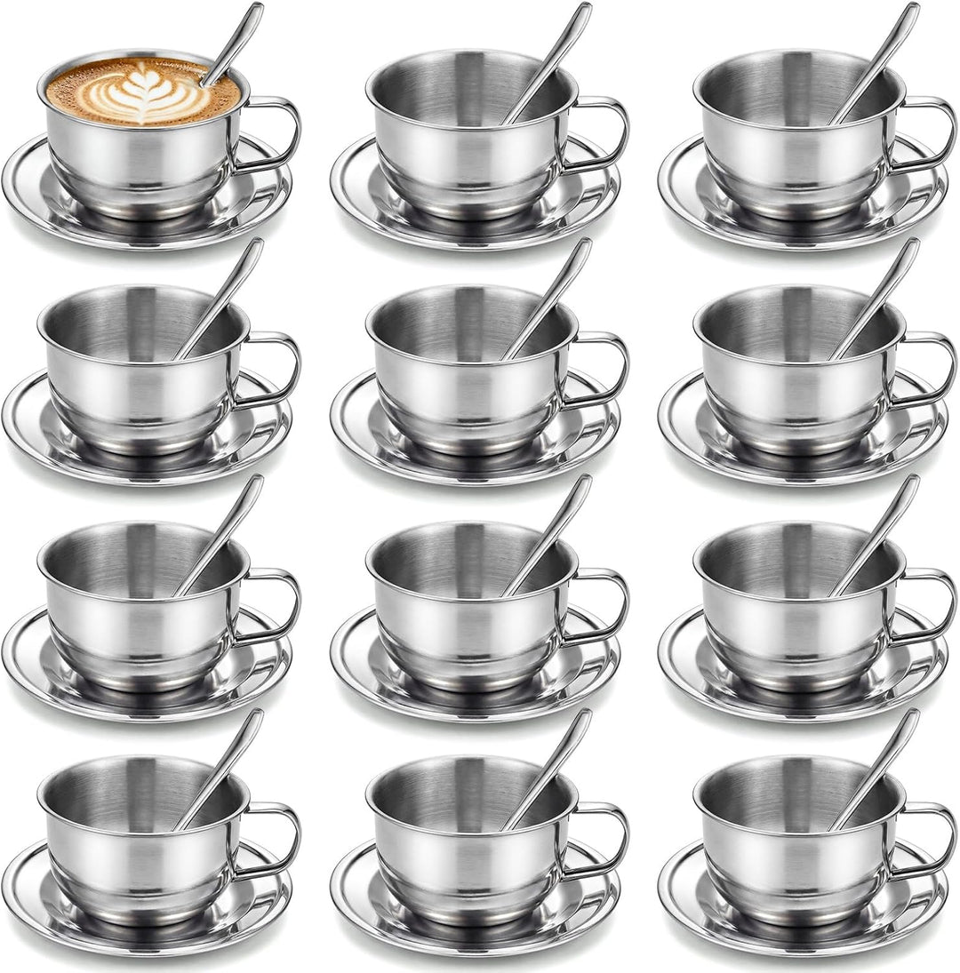 Stainless Steel Espresso Cup & Saucer Set, 12-Pack
