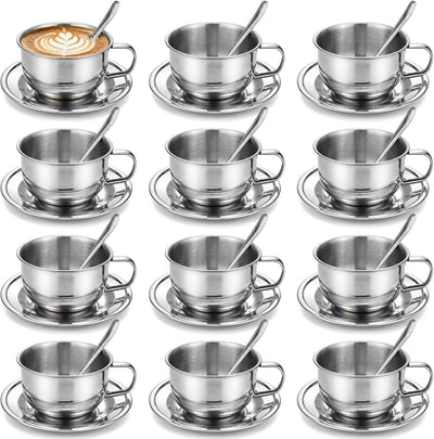 Stainless Steel Espresso Cup & Saucer Set, 12-Pack