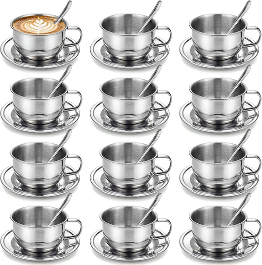 Stainless Steel Espresso Cup & Saucer Set, 12-Pack