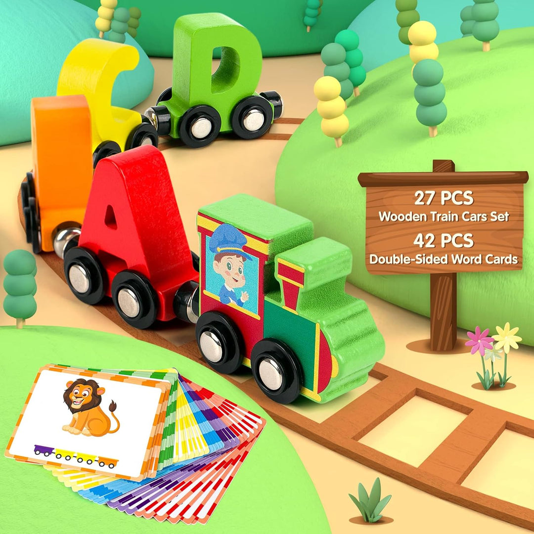 Magnetic Wooden Alphabet Train Sets | ABC Letter Learning Toy Trains with 42 PCS Flash Cards