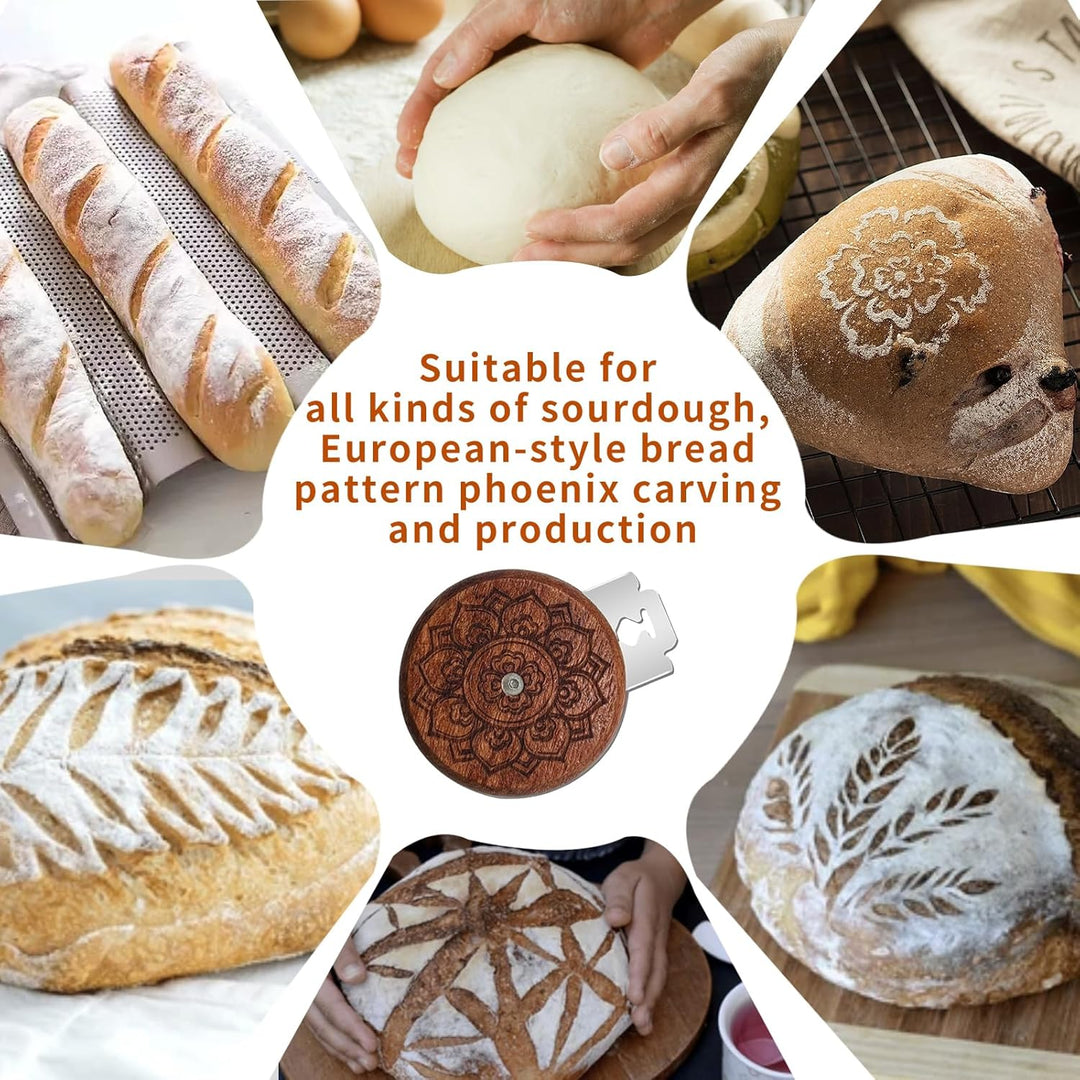 Wooden Lame Bread Scoring Tool with 5 Razor Blades and Leather Storage Cover