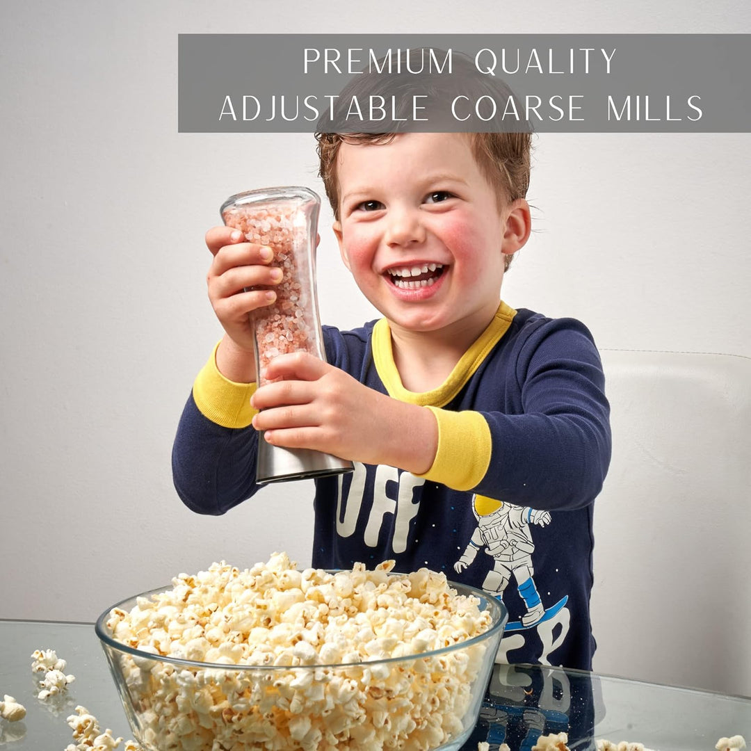 Stainless Steel Sea Salt and Pepper Grinder Set of 2 - Adjustable Ceramic - Tall Glass Salt and Pepper Shakers (MOQ 10 Sets)