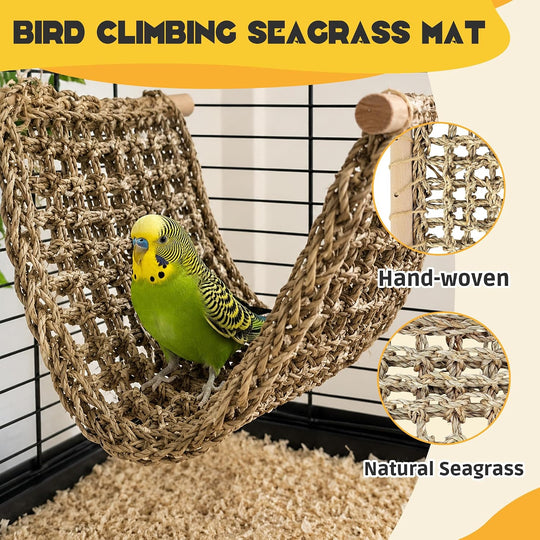 Seagrass Bird Climbing Net Hammock – Natural Hand-Woven Parrot Ladder Bridge Cage Toy