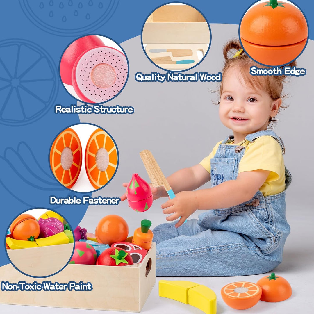 Wooden Cutting Fruits Veggies Toy, Montessori Toddler Pretend Play Set (MOQ 10 Sets)