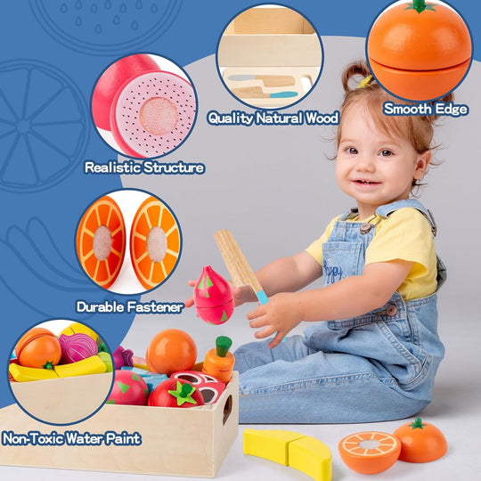 Wooden Cutting Fruits Veggies Toy, Montessori Toddler Pretend Play Set (MOQ 10 Sets)