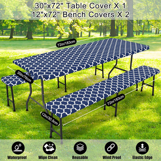 Picnic Table Cover with Bench Covers, Waterproof Elastic Fitted Tablecloth for 6 Foot Tables (MOQ 10 Sets)