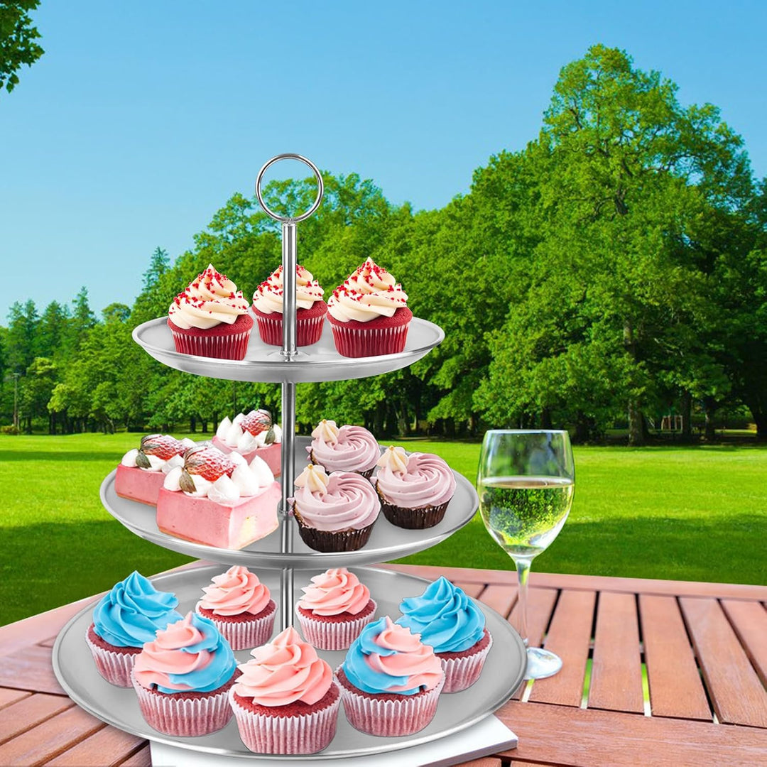 Cupcake Stand 3 Tier – Stainless Steel Cake & Dessert Display Tower for Wedding, Birthday, Party Decorations (MOQ 10 Sets)