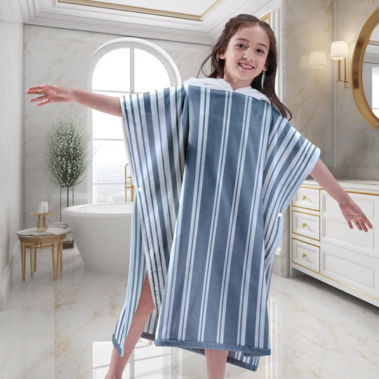 Pure Cotton Super Soft and Quick Dry Striped Poncho Robe Kids Beach Towels