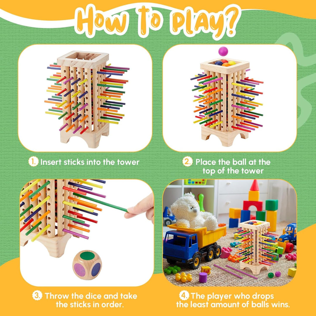 Montessori Game with Colorful Wooden Sticks Tower Dice Ball Wooden Board Games Fine Motor Skills