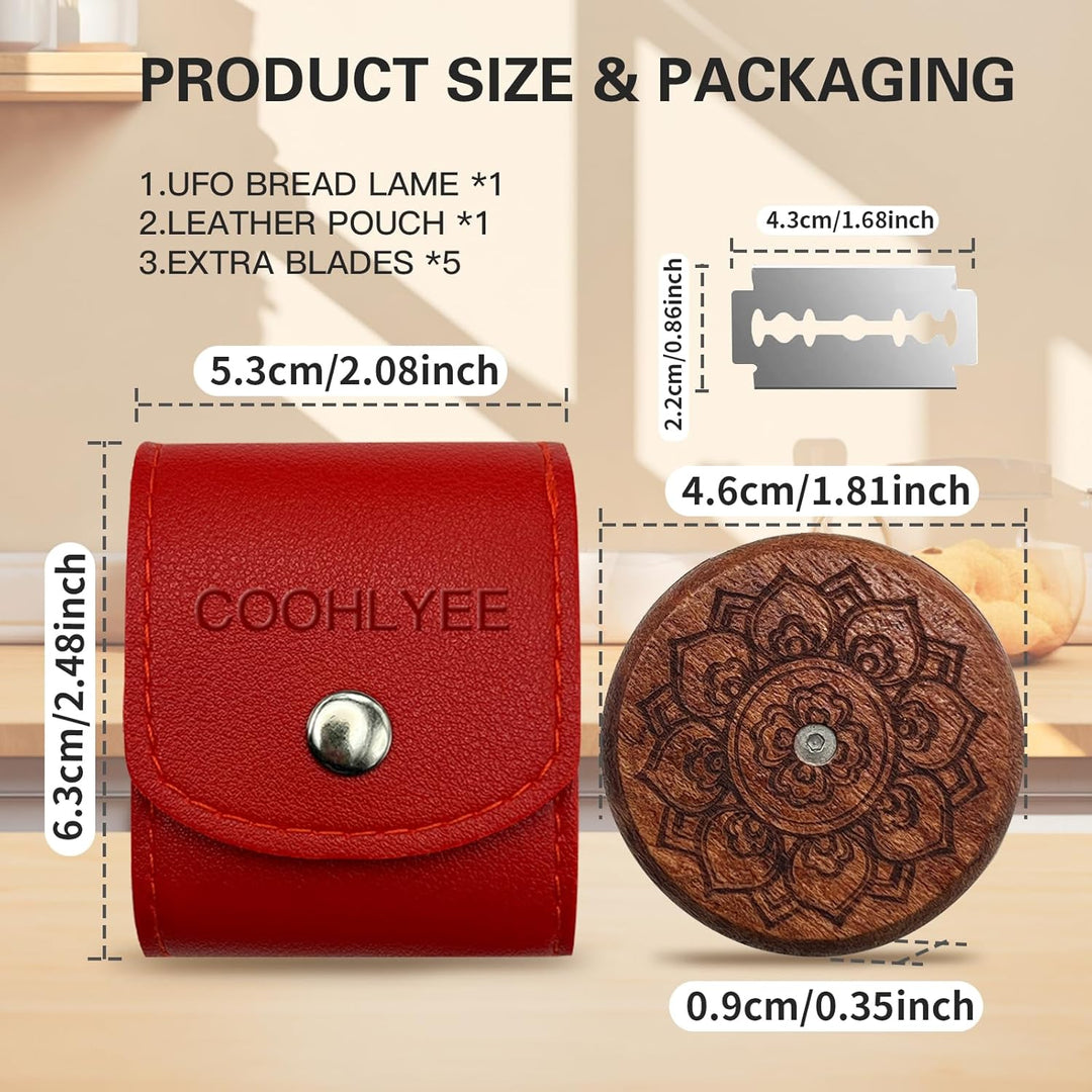 Wooden Lame Bread Scoring Tool with 5 Razor Blades and Leather Storage Cover