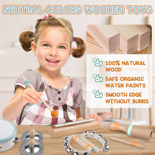 Wooden Percussion Instruments Set, Kids Preschool Educational Music Learning Toys