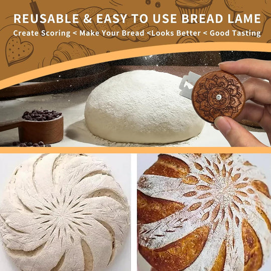 Wooden Lame Bread Scoring Tool with 5 Razor Blades and Leather Storage Cover