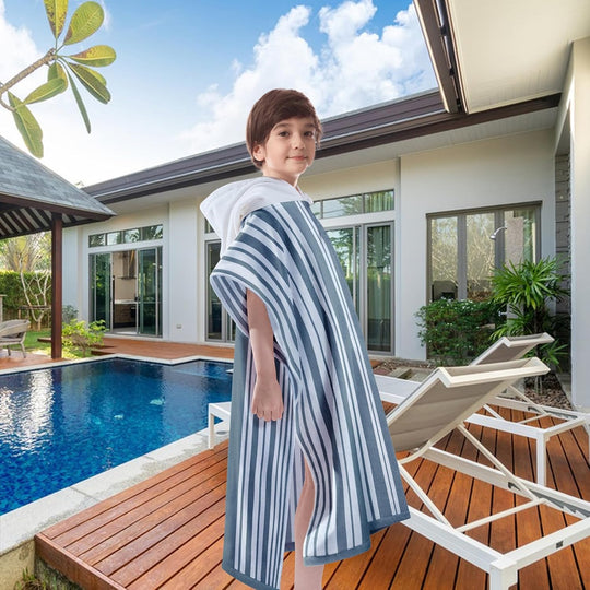 Pure Cotton Super Soft and Quick Dry Striped Poncho Robe Kids Beach Towels
