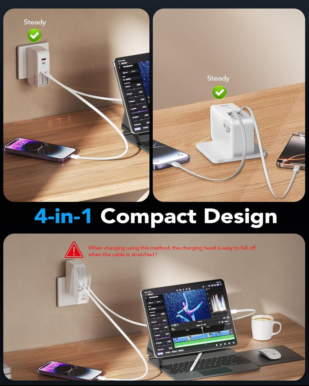 Retractable 40W USB C Fast Charger Wall Plug with Built-in 90cm/35.5in Type C Cable (MOQ 10 Sets)