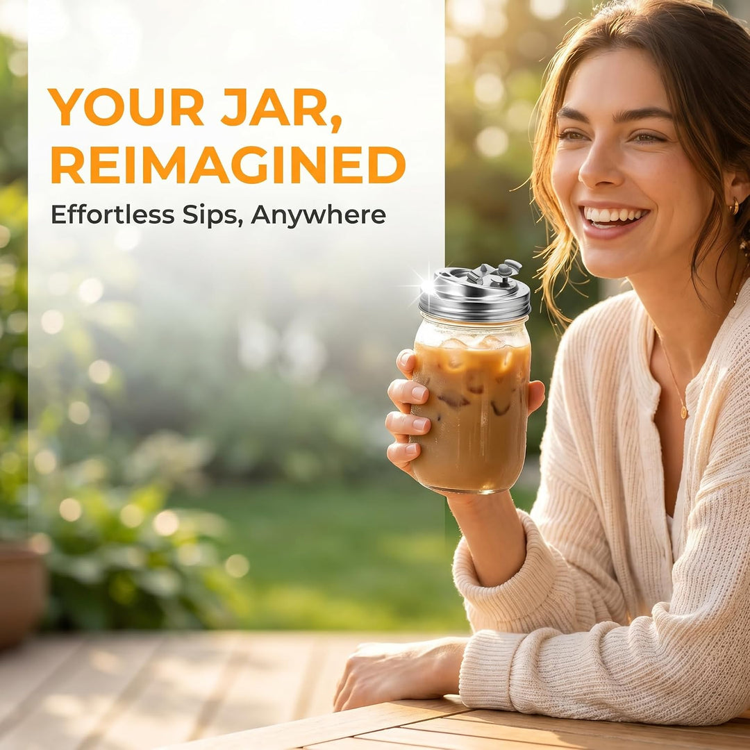 Stainless Steel Mason Jar Lid Wide Mouth - Reusable Coffee Lid with Sip Spout for Iced Coffee, Protein Shakes & Smoothies - Leak Resistant Metal Lid for Mason Jar Coffee Bar Accessories