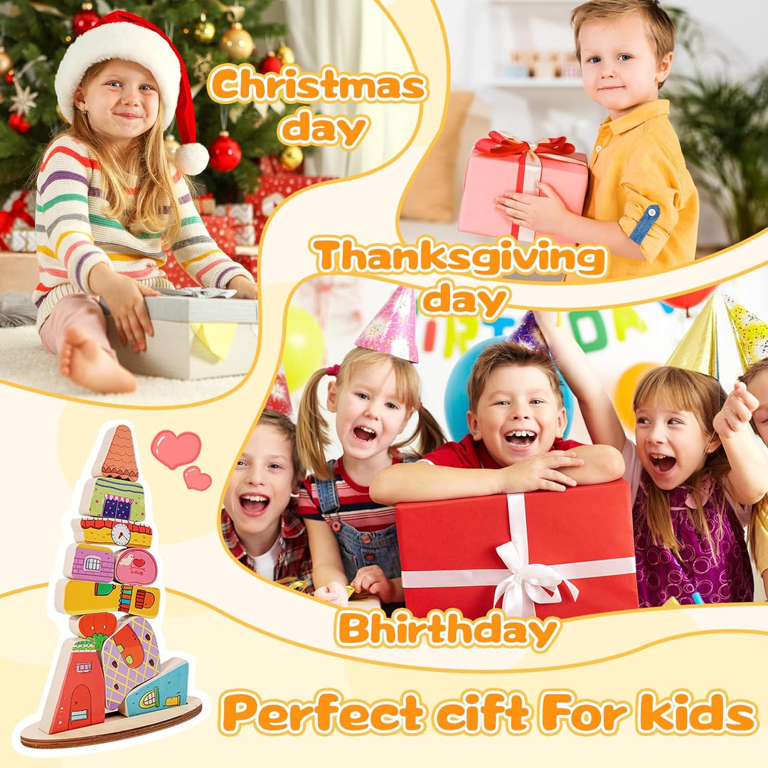 Montessori Wooden Stacking Toy,Colorful Houses Building Blocks Game 14 Pcs Montessori Balance Sorting & Stacking