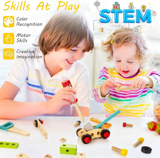 Wooden Toddler Tools Set Includes Tool Box, Montessori Educational Stem Construction Toys for 2 3 4 5 6 Year Old