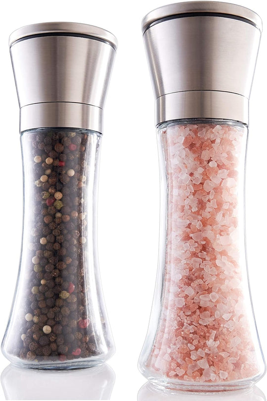 Stainless Steel Sea Salt and Pepper Grinder Set of 2 - Adjustable Ceramic - Tall Glass Salt and Pepper Shakers (MOQ 10 Sets)