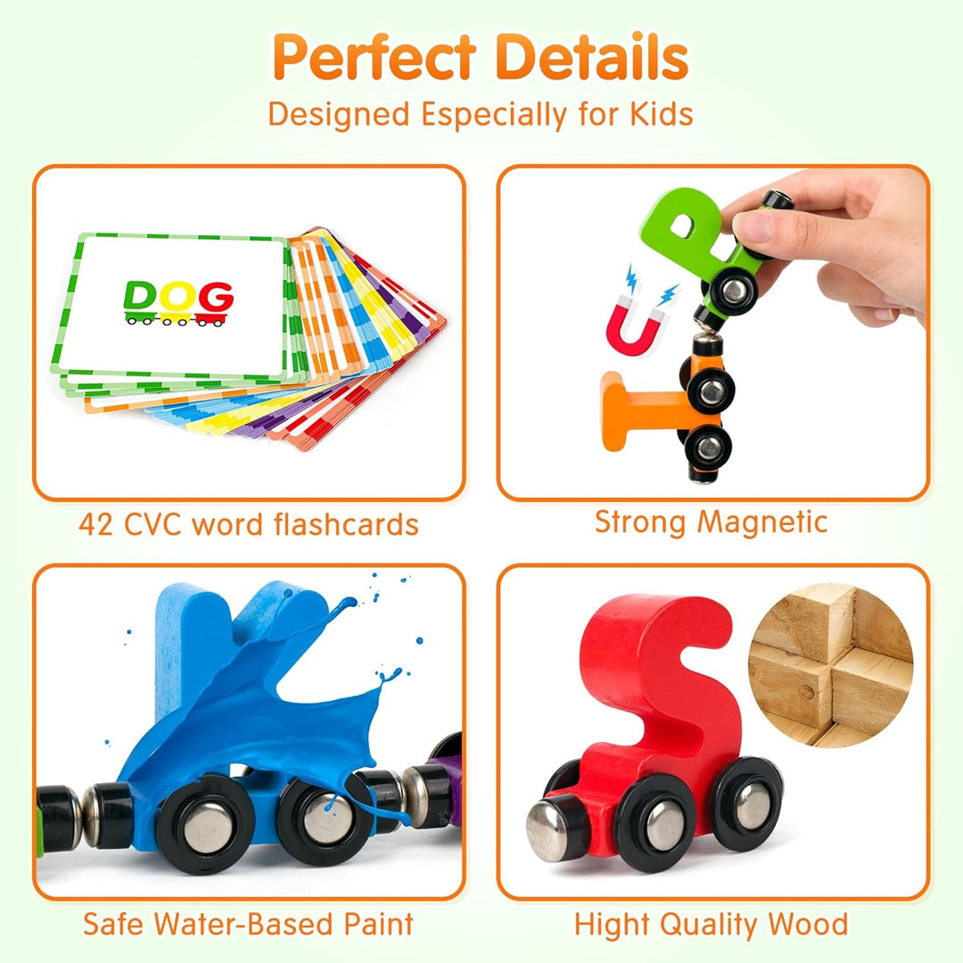 Magnetic Wooden Alphabet Train Sets | ABC Letter Learning Toy Trains with 42 PCS Flash Cards