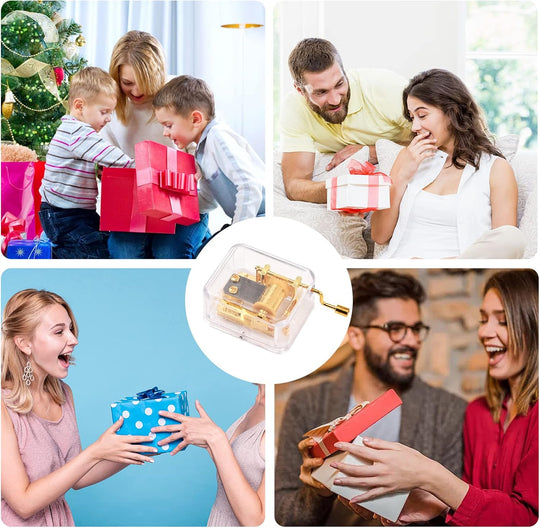 clear Acrylic Plastic Rectangle Shape Music Box with 18 Note Hand Crank Musical Movement