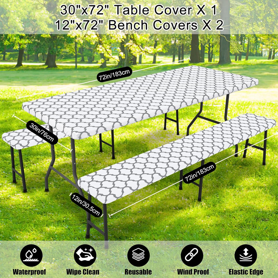 Picnic Table Cover with Bench Covers, Waterproof Elastic Fitted Tablecloth for 6 Foot Tables (MOQ 10 Sets)