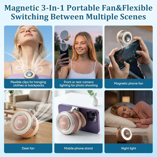 Portable Rechargeable Neck Fan with Magnetic Phone Holder & Digital Battery Display