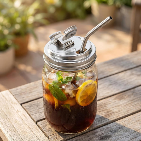 Stainless Steel Mason Jar Lid Wide Mouth - Reusable Coffee Lid with Sip Spout for Iced Coffee, Protein Shakes & Smoothies - Leak Resistant Metal Lid for Mason Jar Coffee Bar Accessories