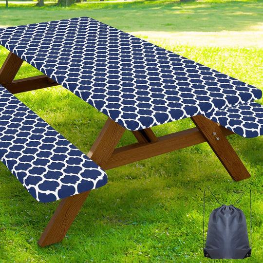 Picnic Table Cover with Bench Covers, Waterproof Elastic Fitted Tablecloth for 6 Foot Tables (MOQ 10 Sets)