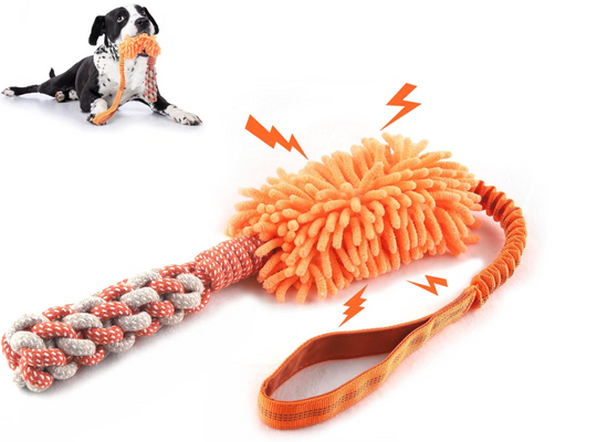 Stretchy Chenille Dog Chew Toy with Squeaker and Rope Handle (MOQ 10 Sets)